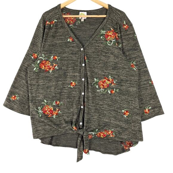 Womens Top 3X Boho Chic Floral Embroidered Peasant Tie Front Button Up Earthy - Picture 1 of 7
